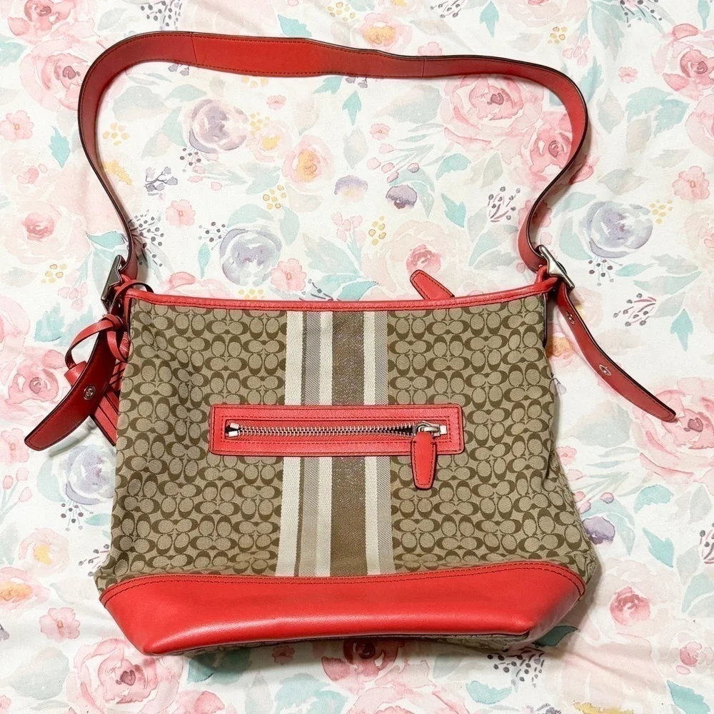 COACH Legacy Signature Stripe Shoulder Bag Purse Orange Tan Monogram Logo